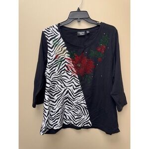 Onque Casual Women 1X Black Zebra Rhinestone Poinsettia Christmas Top 3/4 Sleeve